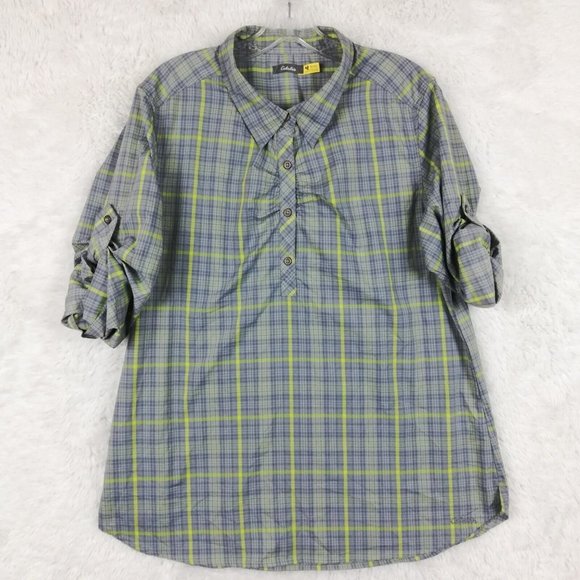 Cabela's Tops - Cabelas Womens Shirt Button Down Blue Gray Plaid Long Sleeve Collar Round Hem XL